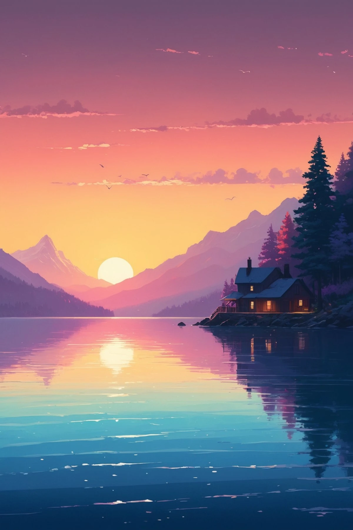 A serene lakeside at sunset. A small cabin with lit windows nestles among tall pine trees. The calm lake reflects the vibrant hues of pink, purple, and orange from the sky, while distant mountains add to the tranquility of the setting. 