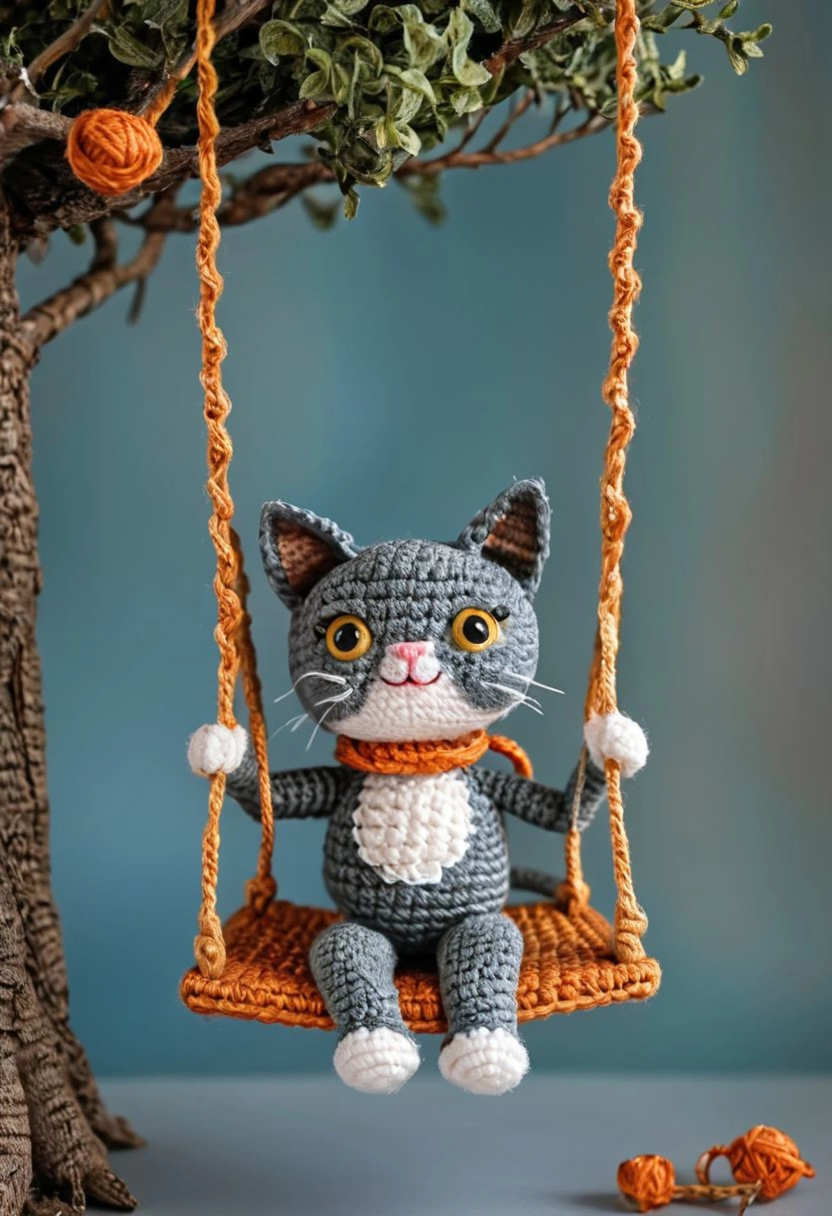 A crocheted gray and white cat sitting on an orange swing hanging from a tree branch. The cat has large, expressive eyes and a content expression.
