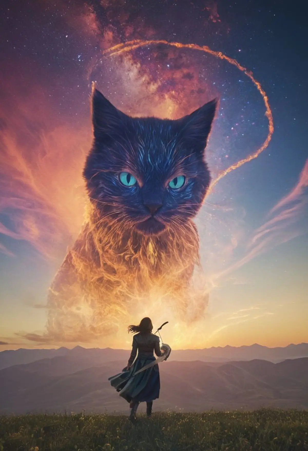 A person standing in a grassy field at twilight, with a colossal, nebular cat that blends into a starry sky above them. The cat's body is a fiery orange, while its head is a contrasting cool blue.